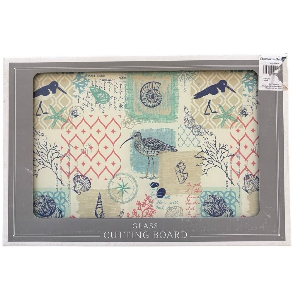 Coastal Postcard Themed Glass Cutting Board Featuring Seagulls & Seashells New